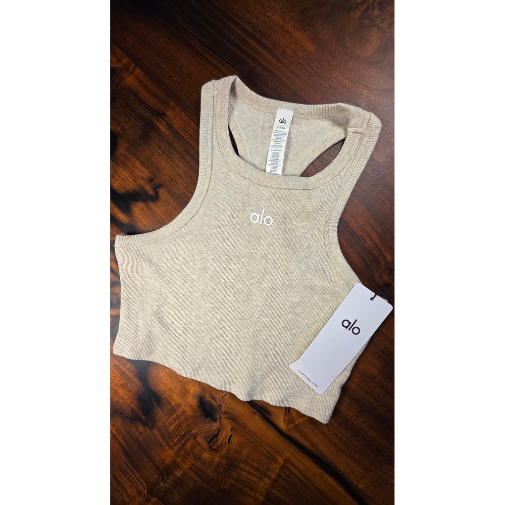 Alo Yoga Women Ribbed Crop Tank Top Oatmeal Heather Beige Racerback Athletic